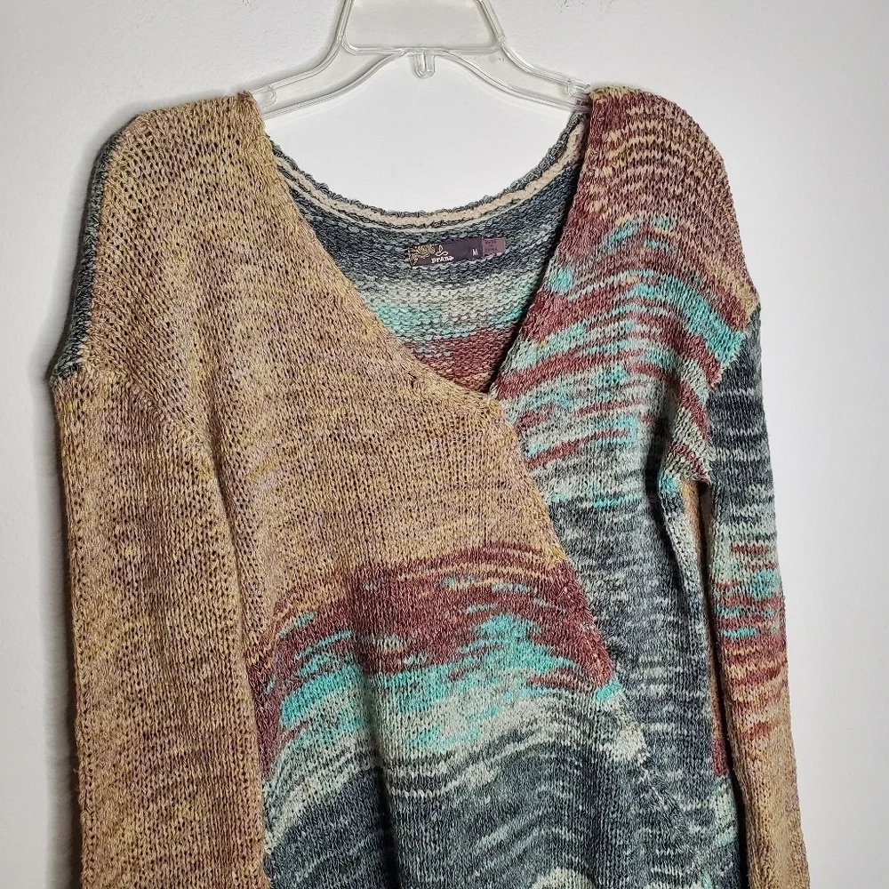 Prana Vignette Multicolored V Neck Wrap Open Knit Asymmetrical Sweater